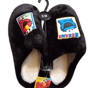 Sesame Street Black Plush Slippers with Elmo & Cookie Monster Patches, Sz S/M
